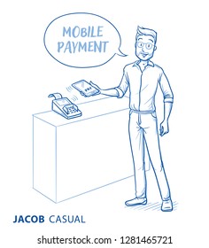 Happy young man in casual clothes holding his smart phone near card reader. Concept for mobile payment. Hand drawn blue line art cartoon vector illustration. 