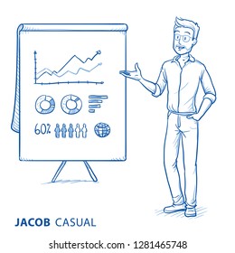 Happy young man in casual clothes holding hand as if explaining or presenting something (e.g business report or product). Hand drawn blue line art cartoon vector illustration. 