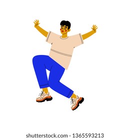 Happy Young Man in Casual Clothes Celebrating Important Event, Dance Party, Friendship, Sport Concept Vector Illustration