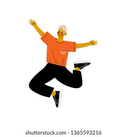 Happy Young Man in Casual Clothes Jumping Celebrating Important Event, Dance Party, Friendship, Sport Concept Vector Illustration