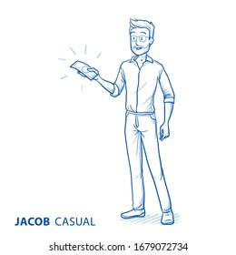 Happy young man in casual clothes with bills in his hand. Concept for receiving money or saving money.  Hand drawn blue line art cartoon vector illustration. 