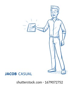 Happy young man in casual clothes with paper in his hand. Concept for giving or receiving some documents or a contract. Hand drawn blue line art cartoon vector illustration. 