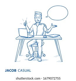 Happy young man in casual clothes showing thumb up at his home office desk with speech bubble. Hand drawn blue line art cartoon vector illustration