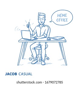 Happy young man in casual clothes showing thumb up at his home office desk with speech bubble. Concept for working remote in home office. Hand drawn blue line art cartoon vector illustration