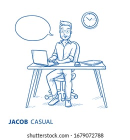 Happy young man in casual clothes at his home office desk with speech bubble. Hand drawn blue line art cartoon vector illustration