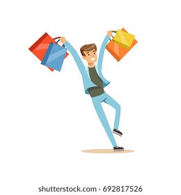 Happy young man in a casual clothes having fun with shopping bags colorful character vector Illustration