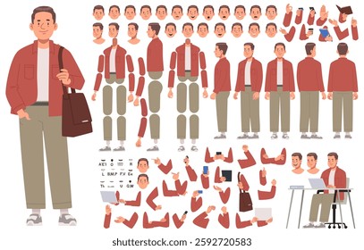 Happy young man character constructor. Casual guy. Set of hands legs body and head positions for creating animation and your own illustrations. DIY kit. Vector illustration in flat style