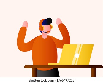 Happy young man cheering while using his laptop playing game or study from  home