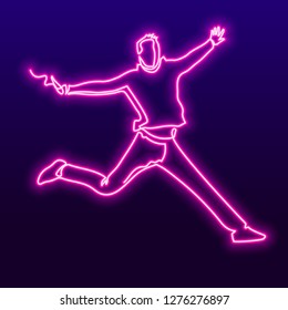 Happy young man continuous one neon line vector drawing. Cheerful male figure on blue gradient background. Jumping from happiness pink glowing person silhouette. Minimalistic contour illustration