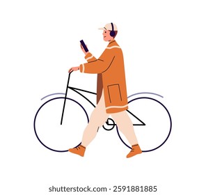 Happy young man cycling outdoors. Boy with headphones listens to music by phone, goes near bicycle while bike ride. City bicyclist, cyclist. Flat isolated vector illustration on white background