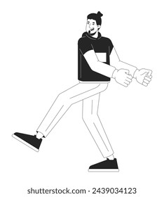 Hombre joven feliz que baila el personaje de dibujos animados de la línea 2D en blanco y negro. Hombre caucásico en una discoteca. 80s fiesta de música invitado aislado vector contorno persona. Ilustración de punto plano monocromático de club nocturno