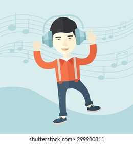 A happy young man dancing, singing while listening to music with headphones showing the notes at his back. Happy concept. A Contemporary style with pastel palette, soft blue tinted background. Vector