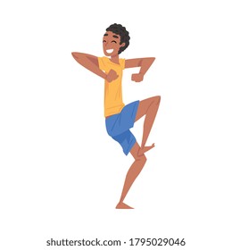 Happy Young Man Dancing at Swimming Pool Party Cartoon Style Vector Illustration
