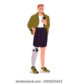 Happy young man with disability, amputation communicates by phone. Laughing guy with bionic leg prosthesis. Amputee holds smartphone in hand. Flat isolated vector illustration on white background