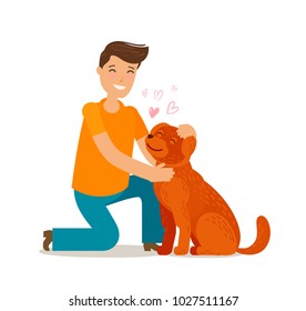 Happy young man with dog. Pet, pooch, doggie concept. Cartoon vector illustration