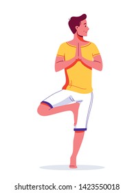 Happy young man is doing yoga. Tree pose. Healthy lifestyle, sport, yoga and stretching workout. Vector illustration isolated on white