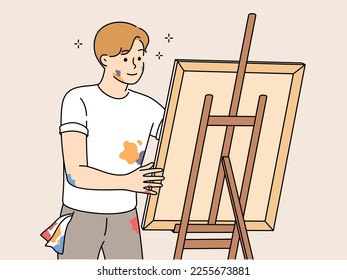 Happy young man drawing picture on easel. Smiling male artist painting enjoying art hobby or leisure activity. Vector illustration. 