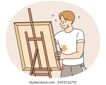 Happy young man drawing picture on easel. Smiling male artist painting enjoying art hobby or leisure activity. Vector illustration.