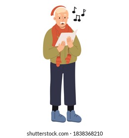 Happy young man dressed in outerwear singing Christmas carol isolated on white background . 