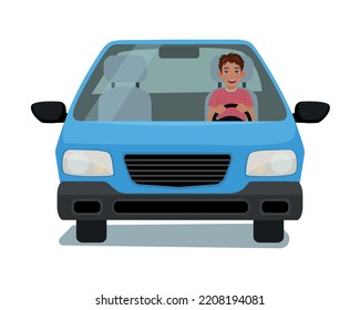 happy young man driving a car front view cartoon illustration design