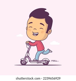 Happy young man driving an electric scooter vector cartoon illustration, style