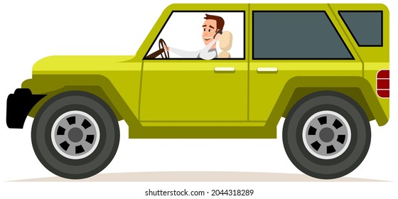 Happy young man driving light green car. Male character in transport isolated on white background. Bearded guy is driving vehicle and using his smartphone. Crossover, SUV, cross country car
