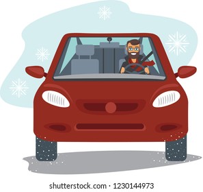 Happy Young Man Driving The Red Car In Winter Season Flat Vector