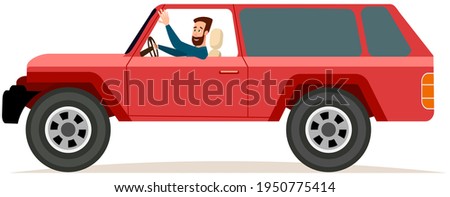 Happy young man driving red car. Male character in transport isolated on white background