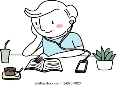 Happy young man with earphones sitting at cafe and reading book. Cheerful man sitting at cafe and reading book. Cute young man listening to music on earphones while reading book. Hand-drawn vector.