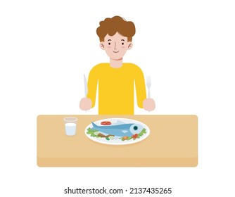 Happy young man eating healthy foods for lunch. meal of morning and dinner, People healthy lifestyle concept. flat style cartoon character design Vector illustration Isolated on white background.