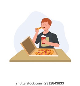 happy young man eating pizza from box and holding a glass of soft drink in other hand at home on table. Fast food, junk food. Flat vector cartoon illustration

