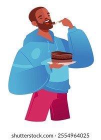 Happy young man eating standing with plate of sugar dessert chocolate cake. Man happily enjoying tasty fatty and high calorie unhealthy food. Vector flat illustration isolated on white background