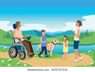 Joven feliz con silla de ruedas eléctrica caminando cerca del río con su familia. Rehabilitación y adaptación de personas con discapacidad. Ilustración vectorial.