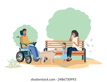 Happy young man in an electric wheelchair walking with a dog in a city park. Rehabilitation and adaptation of people with disabilities. Vector illustration.