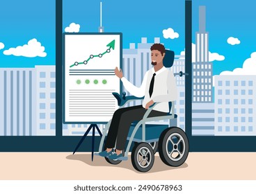 Un joven feliz en una silla de ruedas eléctrica da una presentación mostrando una estrategia de desarrollo de negocios. Rehabilitación y adaptación de personas con discapacidad. Ilustración vectorial en la espalda blanca