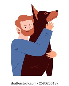 Happy young man embracing his protective Doberman with affection