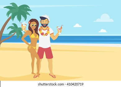 Happy young man enjoying and drinking cocktails with his tanned girlfriend on the beach with palm trees. Landscape illustration in flat modern style of summer vacation and traveling 