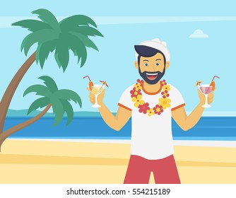Happy young man enjoying and drinking cocktails on the beach with palm trees. Welcome to the sea beach flat illustration of vacation time spending and relaxing in the seaside