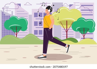 Happy young man enjoying music, podcast, radio. Man wearing headphones and walking in the city park. Music, podcast, radio concept illustration. Vector flat design illustration.