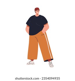 Happy young man with fat chunky plus-size body. Chubby stout obese guy in loose casual clothes, cap, sneakers. Smiling plump person standing. Flat vector illustration isolated on white background