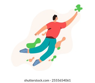 Happy young man fly to target. Freedom of mental health. Man in flat style. Vector illustration concept