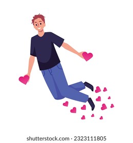Happy young man flying with hearts flat style, vector illustration isolated on white background. Inspired character feeling love, decorative design element, positive emotions