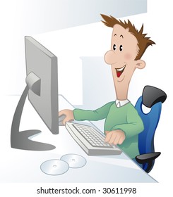 Happy young man in front of computer screen