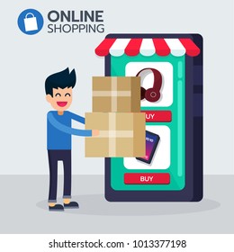Happy young man gets box order from e-commerce application shopping online with headphone, smartphone on screen, online service at home. Vector illustration
