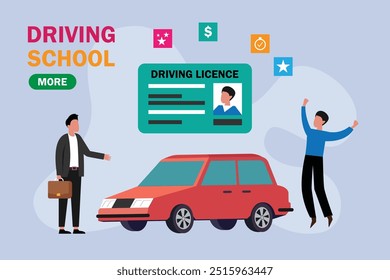 Happy young man getting a driving license welcome page 2d flat vector illustration