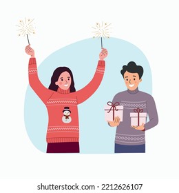 Happy young man with gift boxes and woman with Bengal lights.  Flat style cartoon vector illustration. 