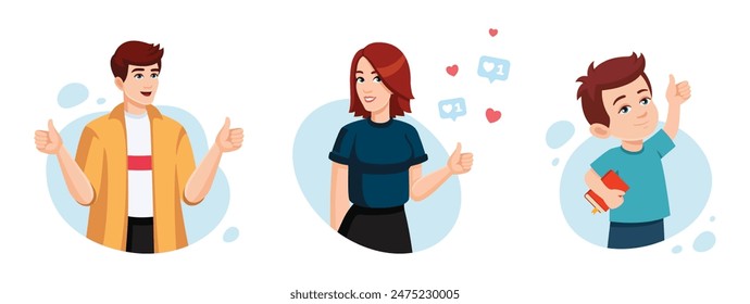 Happy Young Man, girl, child are Showing thumbs up. People show Thumb Up Sign. Vector flat illustration cartoon style.