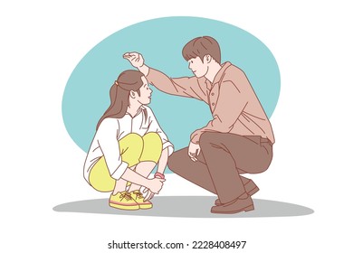 Happy young man and girl feel in love. Smiling caring couple have close intimate bonding moment. Good relationships concept. Flat vector illustration.