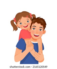 happy young man giving a piggyback ride to cute little girl showing father’s love to daughter holding her hands