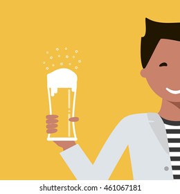 Happy young man with a glass of beer in his hand. Vector illustration flat design